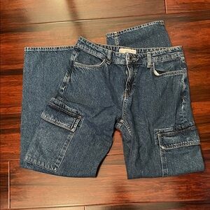 MNG Mango Blue Denim Wide Leg Cargo Jeans Size 6